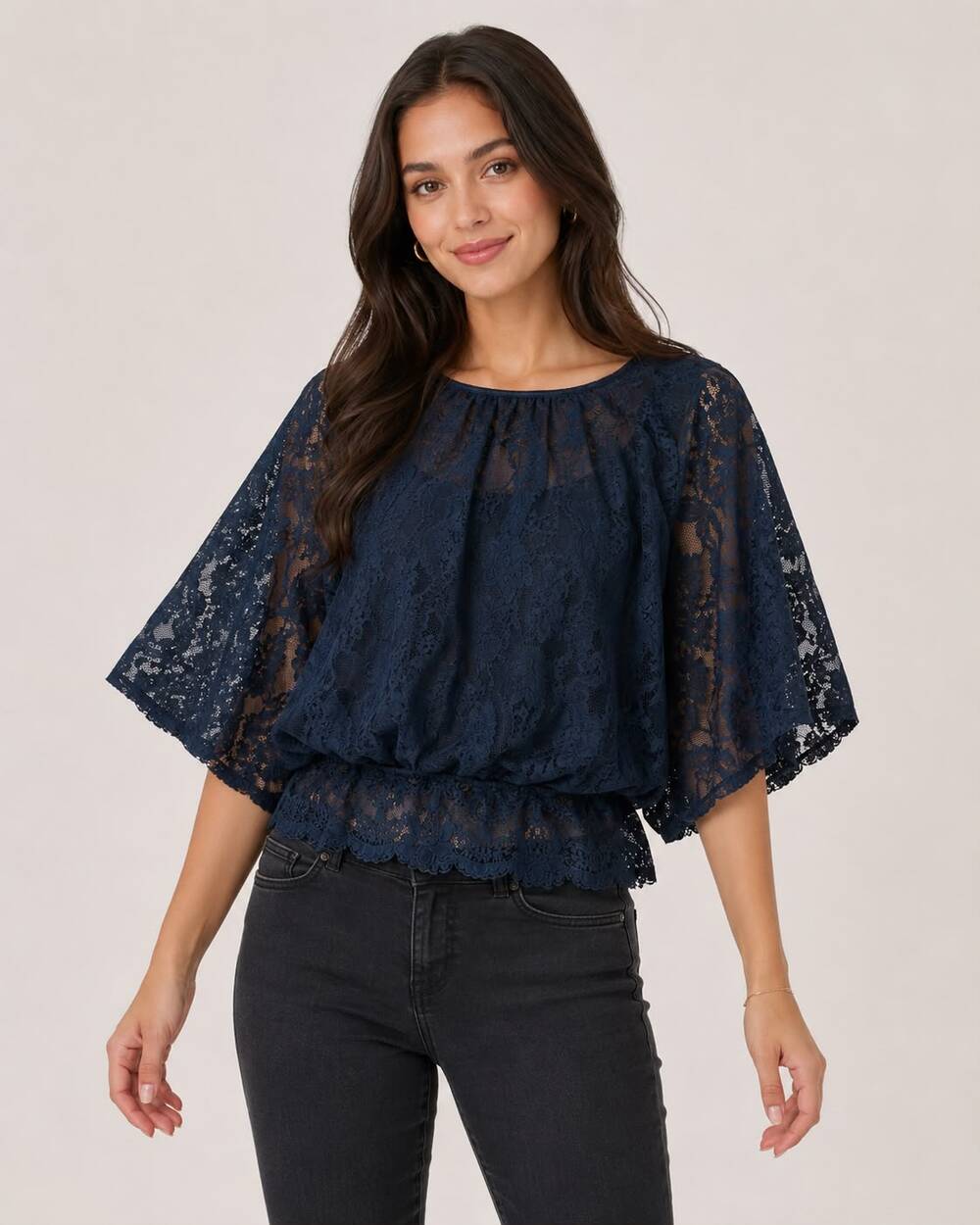 Free People Women’s M Teal Sheer Lace Poncho Top Batwing Dolman Scalloped Boho